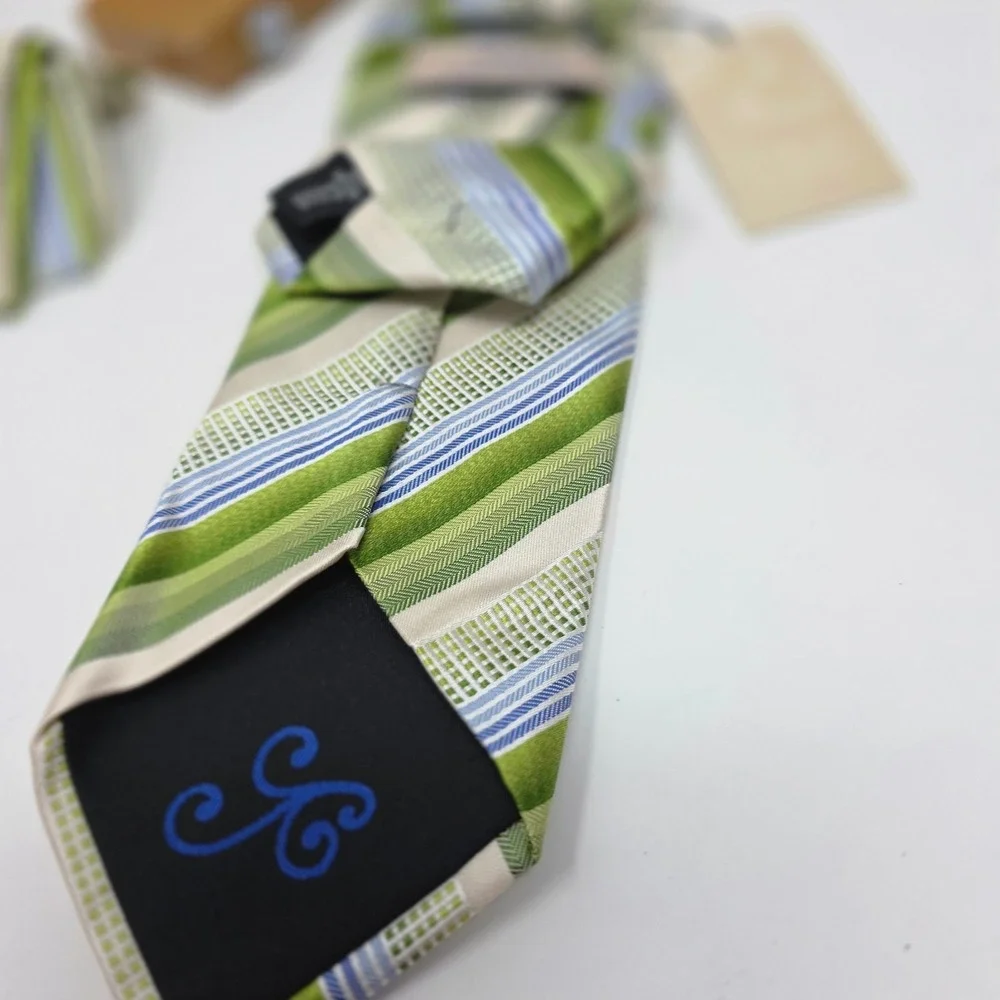 Y&G Tie Mens Green Striped Silk Pocket Scarf 8x8 & Cufflinks Set 58